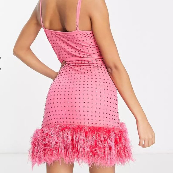 Miss Selfridge Pink Iron On Cami Dress with Faux Feathers - Picture 2 of 4